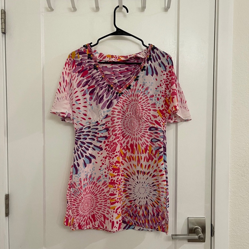 Robert Graham 100% Silk Blouse Babydoll Bejeweled V Neck Boho Fairycore
